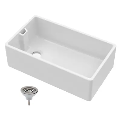 Single Bowl Fireclay Belfast Kitchen Sink & Basket Strainer Waste, x x 254mm