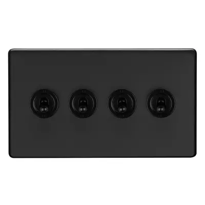 4 Gang Quad Retro Toggle Light Switch SCREWLESS MATT BLACK 10A Way Lever