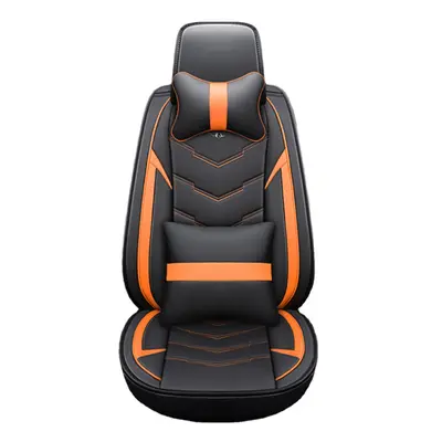 (Black & Orange) Breathable PU Leather Car Seat Protector Full Front&Rear Seat Cover Universal