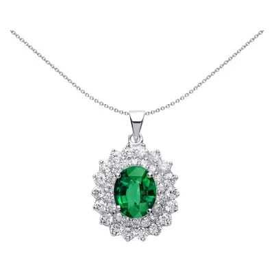 Jewelco London Ladies Sterling Silver Emerald-Green Oval Cubic Zirconia Royal Cluster Pendant Ne