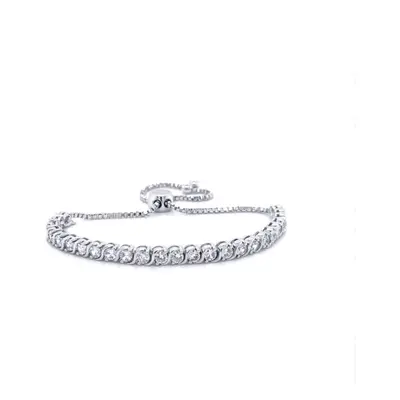 Jewelco London Rhodium Silver Round CZ Tennis S-Link Adjustable Slider Bracelet - ABB207