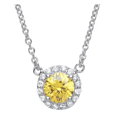 Jewelco London Ladies Sterling Silver Yellow Cubic Zirconia Solitaire Halo Charm Necklace + inch