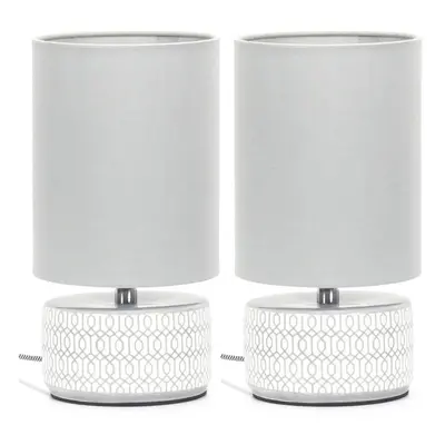 Pair of - Grey and White Etched Ceramic Table Lamps Fabric Shade Light