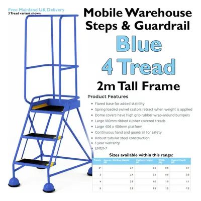 4 Tread Mobile Warehouse Steps & Guardrail BLUE 2m Portable Safety Stairs