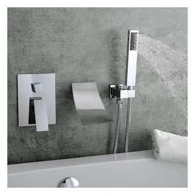 (Silver) Waterfall Wall-Mount Tub Faucet with Handheld Shower Head Chrome Spout Bathtub Hand Sol