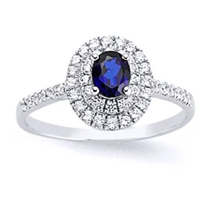 (L) Jewelco London Ladies Rhodium Plated Sterling Silver Blue Oval Cubic Zirconia Halo Engagemen