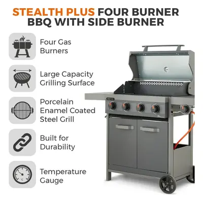 Tower T978524 Stealth Plus Four Burner Gas BBQ with Side Burner and Waterproof Cover, Black