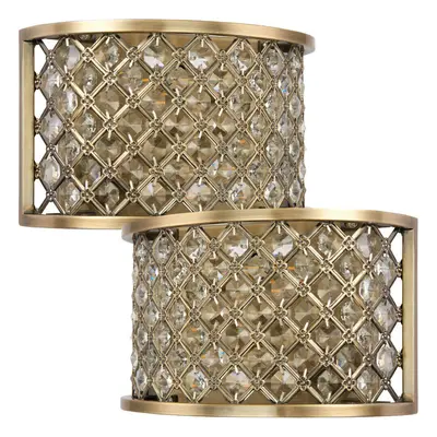 2 PACK Crystal Cage Wall Light Brass & Glass Shade Modern Twin Bulb Lounge Lamp