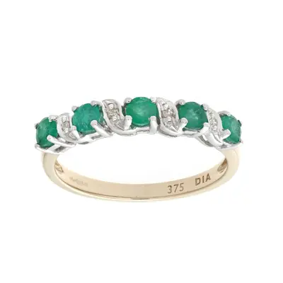 (K) Jewelco London 9ct Yellow Gold Emerald And Diamond Eternity Ring