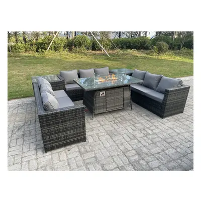 Fimous Outdoor Rattan Garden Furniture Gas Fire Pit Dining Table Gas Heater Sets Side Tables