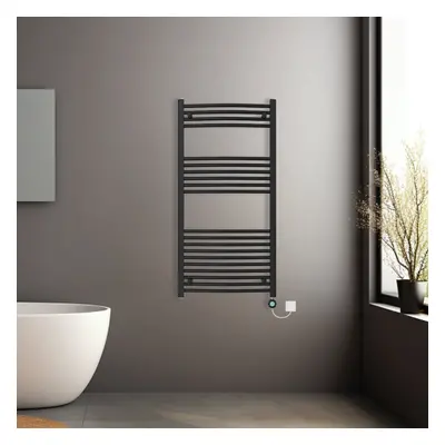 (Black, 1200x600mm) Pre-filled Electric Curved Heated Towel Rail Radiator Thermostatic