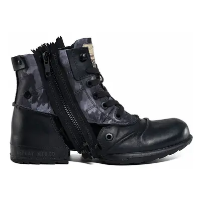 (7 UK EU US) Replay Clutch Black Camo Mens Leather Side Zip Mid Ankle Army Boots