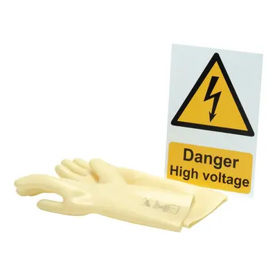 Electrical Insulating Gloves and 'Danger High Voltage' Hazard Sign