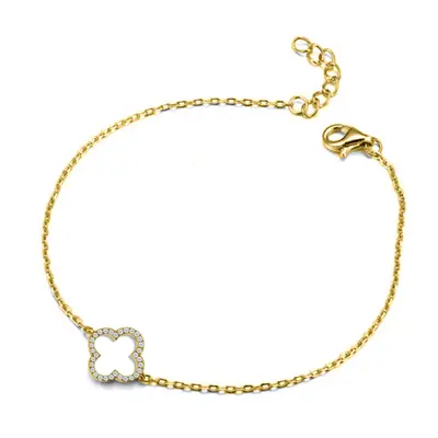 Jewelco London 14k Gold-plated Silver Round CZ Clover Halo Lucky Charm Chain Bracelet 7-8.5" - A