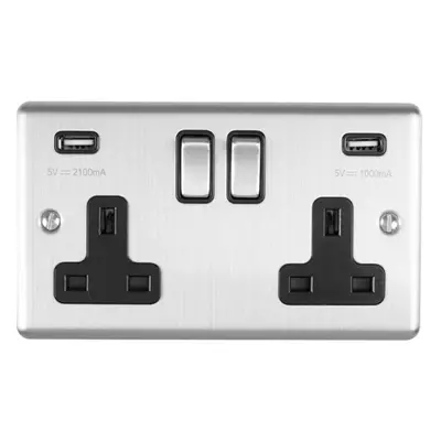 2 Gang Single UK Plug Socket & Dual 2.1A USB SATIN STEEL & Black 13A Switched