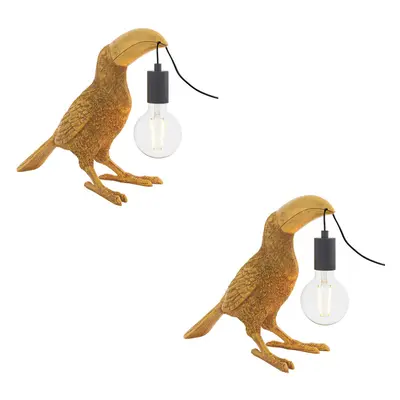 2 PACK Vintage Gold Toucan Table Light - Resin Figure - Matt Black Lamp Holder