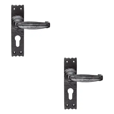 2x PAIR Creased Style Lever on Slim Euro Lock Backplate x 38mm Black Antique