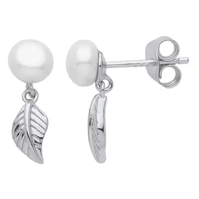 Jewelco London Ladies Rhodium Plated Sterling Silver Cream Pearl Full Moon Feather Leaf Drop Ear