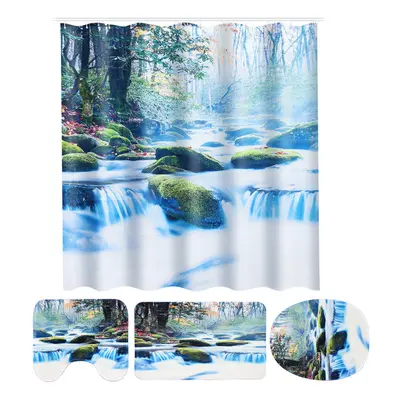 (D) 180x180CM Waterfall Shower Curtain Non-toxic Anti-slip Bath Mat Set Waterproof Toilet Rug Se