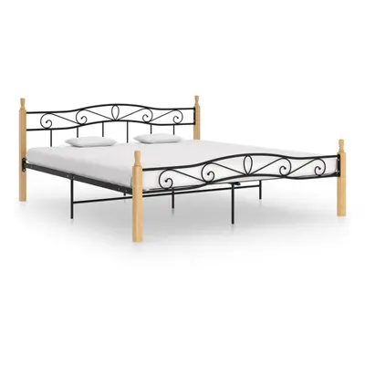 vidaXL Bed Frame Bed Base Black Metal and Solid Oak Wood 180x200 cm Super King