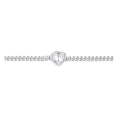 Jewelco London Ladies Rhodium Plated Sterling Silver Heart CZ Bezel Solitaire Curb Chain Bracele