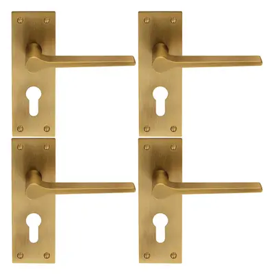 4x PAIR Flat Straight Lever on Slim Euro Lock Backplate x 50mm Antique Brass