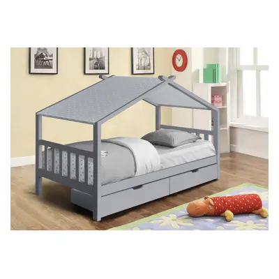 (No Mattress, With Grey Tent) 3ft Grey Wooden Storage House Bed With Tent and Mattress Options