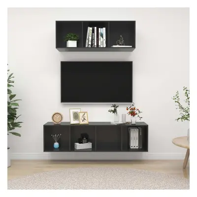 vidaXL TV Cabinet Set Piece High Gloss Grey Chipboard Stand Living Room