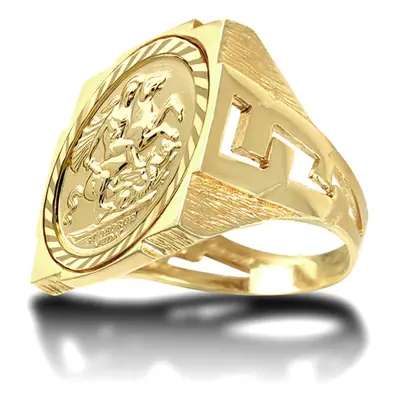 (S) Jewelco London Men's Solid 9ct Gold Curb Links Square St George & Dragon Medallion Ring (Ful