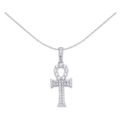 Jewelco London Ladies Sterling Silver Cubic Zirconia Encrusted Ankh Cross Pendant Necklace inch 