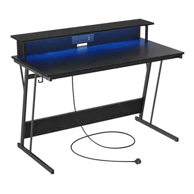 VASAGLE Gaming Desk with LED Lights and Built-In Power Outlets, Computer Desk with Monitor Shelf