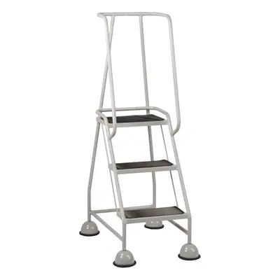 3 Tread Mobile Warehouse Steps GREY 1.43m Portable Safety Ladder & Wheels