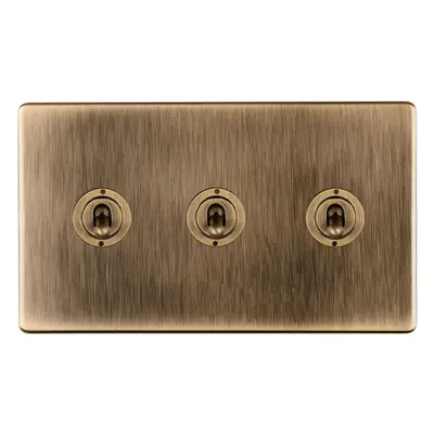 3 Gang Triple Retro Toggle Light Switch SCREWLESS ANTIQUE BRASS 10A Way Lever