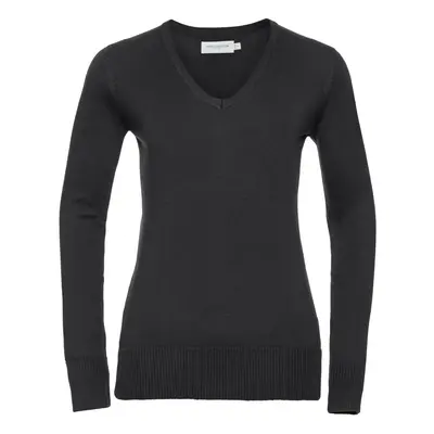 (2XL, Black) Russell Collection Ladies/Womens V-Neck Knitted Pullover Sweatshirt