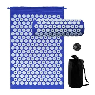 (Blue) Acupressure Mat and Pillow Set with Spiky Massage Ball Carry Bag for Back Neck Pain Stres