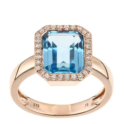 (L) Jewelco London 9ct Rose Gold Blue Topaz and Diamond Halo Ring