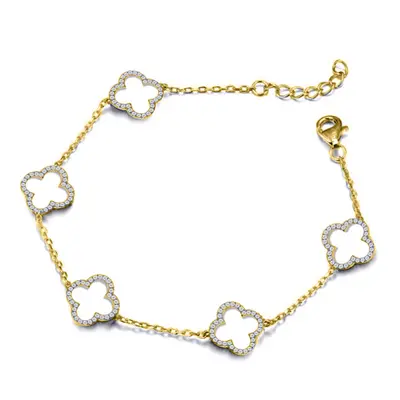 Jewelco London 14k Gold-plated Silver Round CZ Clover Halo Lucky Charm Station Bracelet 7-8.5" -