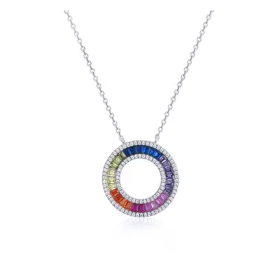 Jewelco London Rhodium Silver Rainbow Baguette CZ Double Halo Circle of Life Pendant Necklace - 