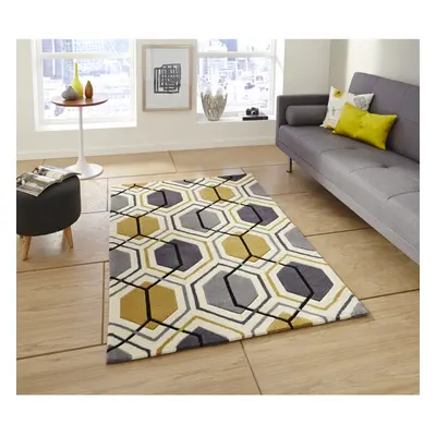 (Grey & Yellow, 90cm x 150cm) Hong Kong Hexagon Rug Acrylic Hand Tufted Geometric Mat