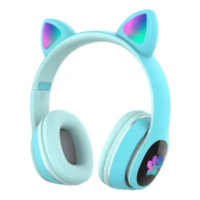 (Blue) Over Ear Music Wireless Headset Glowing Cat Headphones Color Breathing Lights