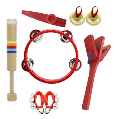 6 Piece Set Orff Musical Instruments Tambourine/Wooden Flute/Finger Cymbal/Wrist Bell/kazoo/Cast