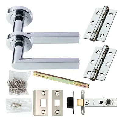 Door Handle & Latch Pack Chrome Modern Flat Square Bar on Screwless Round Rose