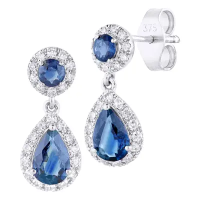 Jewelco London 9ct White Gold Round 1/4ct Diamond Pear 1.17ct Sapphire Teardrop Drop Earrings - 