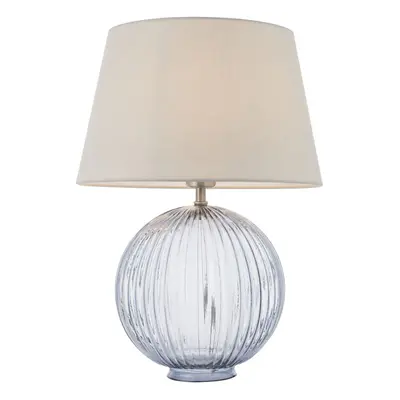 Table Lamp Smokey Grey Ribbed Glass & Pale Grey Cotton 40W E27 GLS