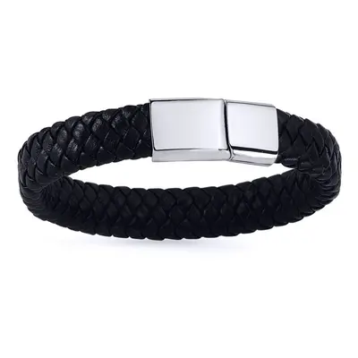 Jewelco London Mens Rhodium Plated Stainless Steel Black Leather Platted Cuff Bracelet 12mm - BR