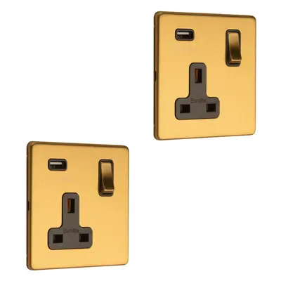 2 PACK Gang Single 13A UK Plug Socket & 2.1A USB-A SCREWLESS SATIN BRASS