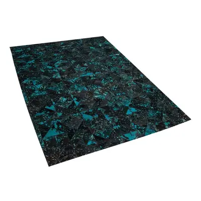 Leather Area Rug x cm Black with Turquoise ATALAN