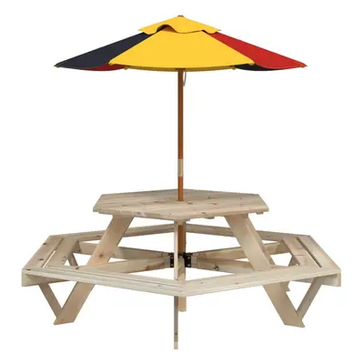 (brown and multicolour) vidaXL Picnic Table for Kids with Umbrella Play Table Hexagon Solid Wood