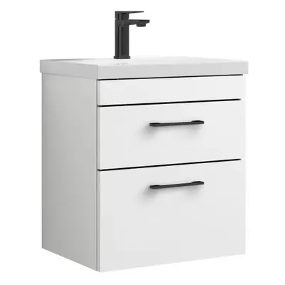 Rio Drawer Wall Hung Vanity Basin Unit - 500mm - Gloss White with Square Black D Handles (Tap No