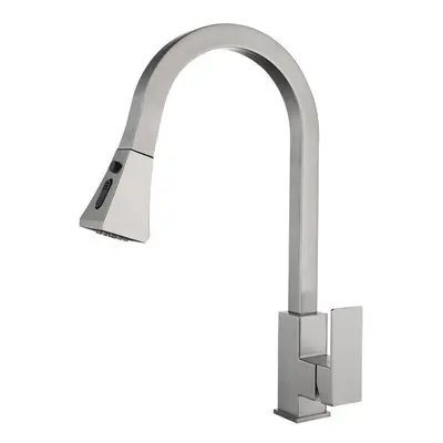 (Silver) Kitchen Sink Hot And Cold Faucet Single Handle Brushed Nickel Stainless Steel Gooseneck